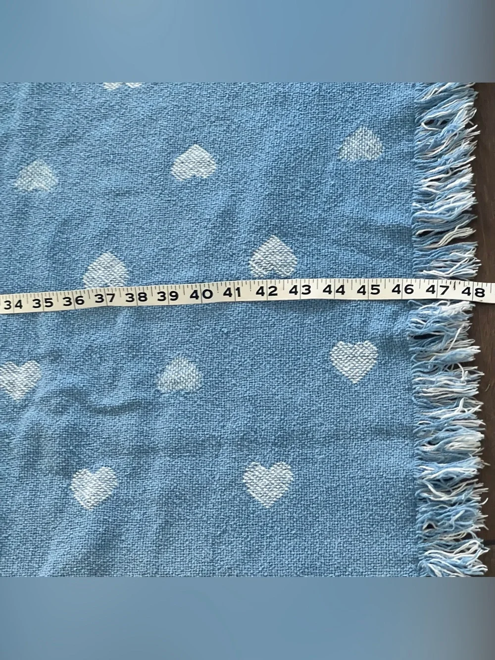 Vintage 80s Blue and White Hearts and Rocking Horses Blanket w/Fringe